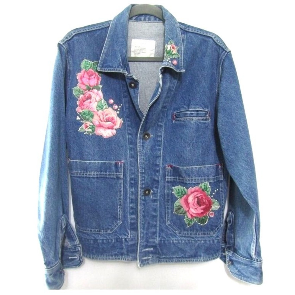 Vintage GAP Vintage Denim Jacket M USA Rose Floral Embroidery Painted 90s Y2K